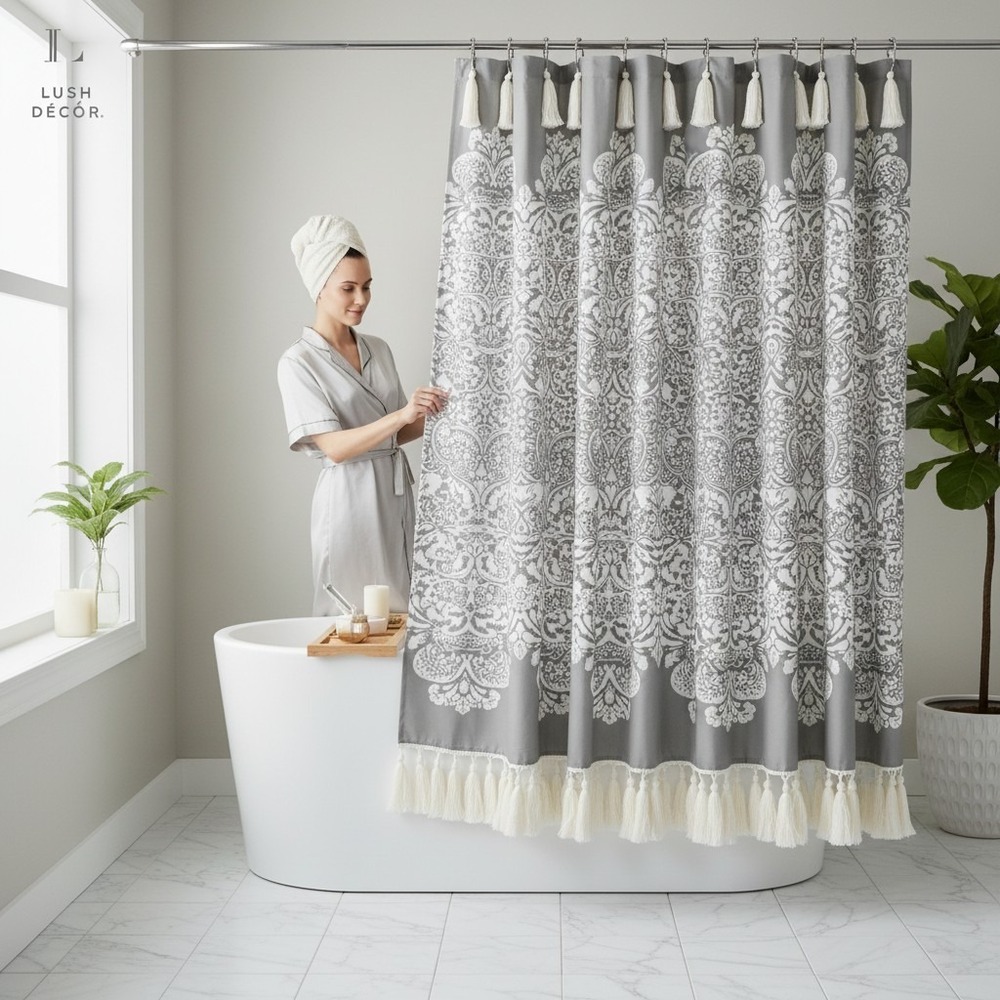 Lush Decor Shower Curtain 72x72 Gray Boho Medallion Tassels New